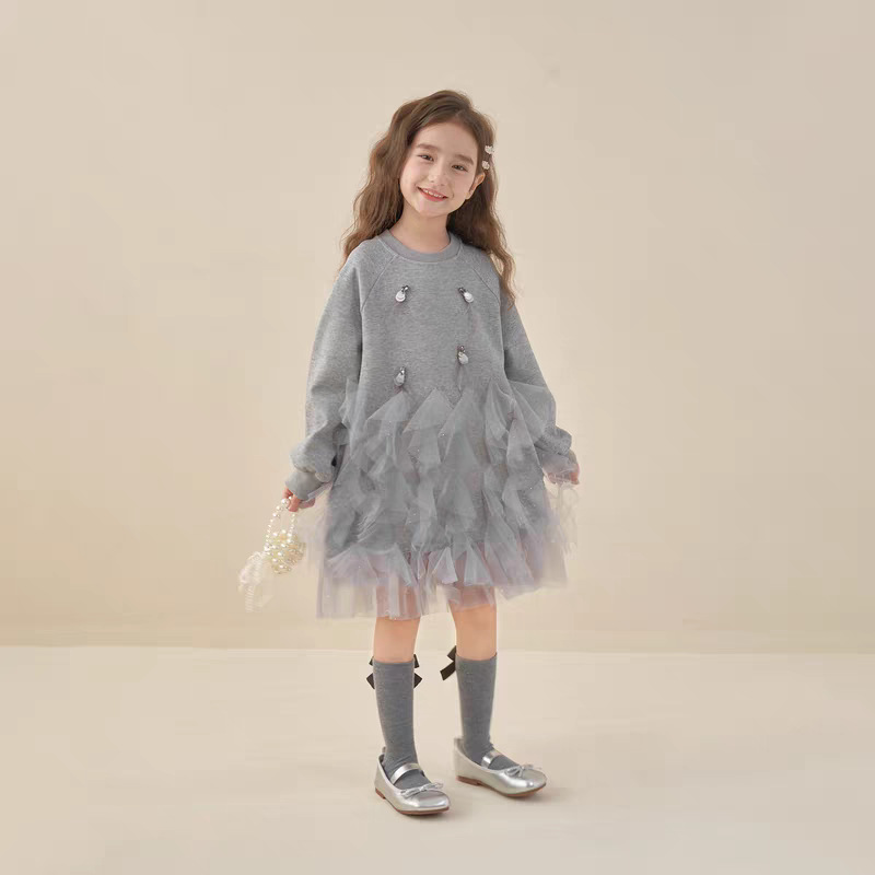 A66 Girls Dress 2025 Autumn New Style Kids Mesh Sweatshirt Dress Spring Autumn Fashion Princess Skirt