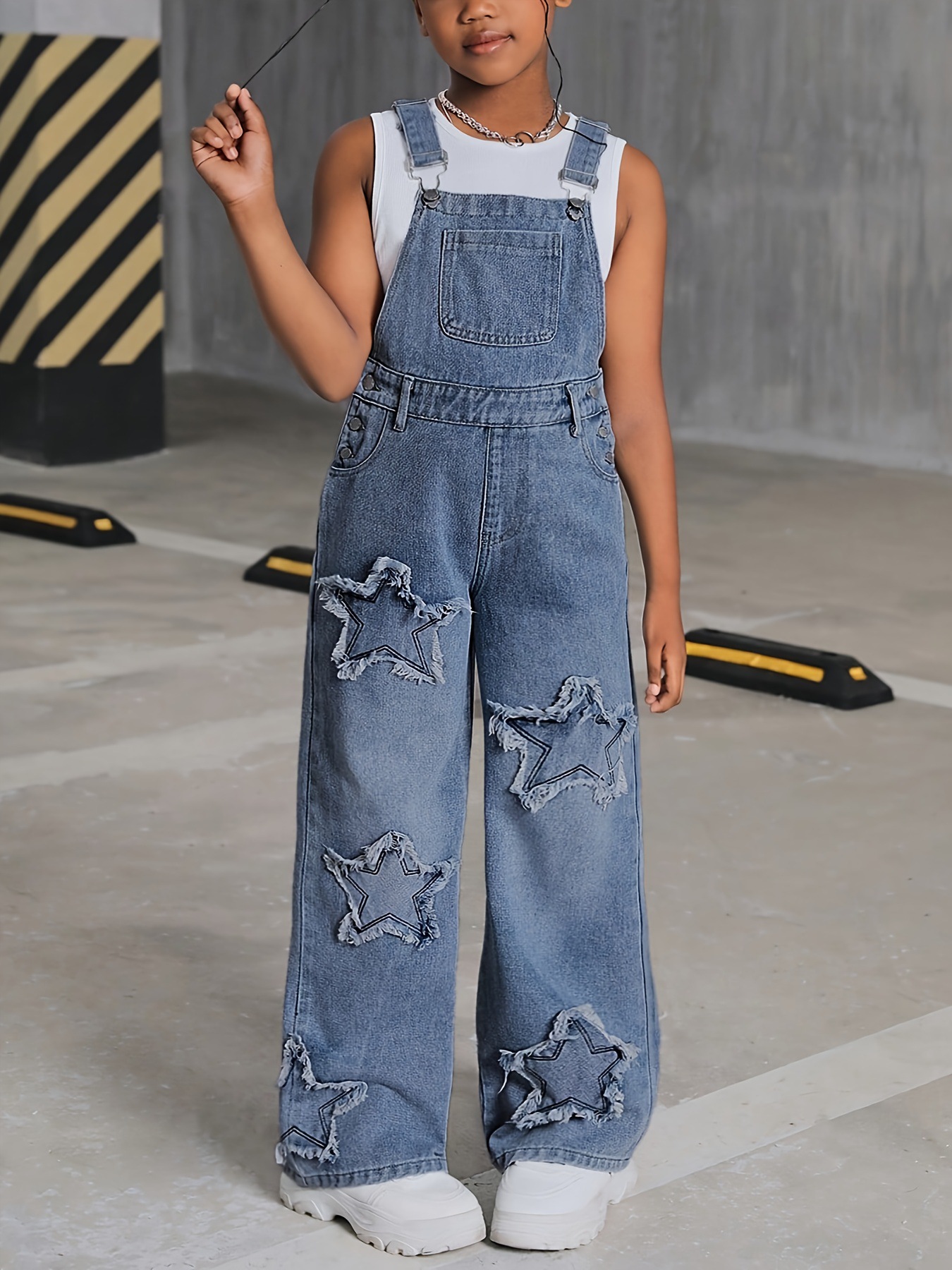 35 Teen Girl's Star-Decorated Wide-Leg Denim Overalls