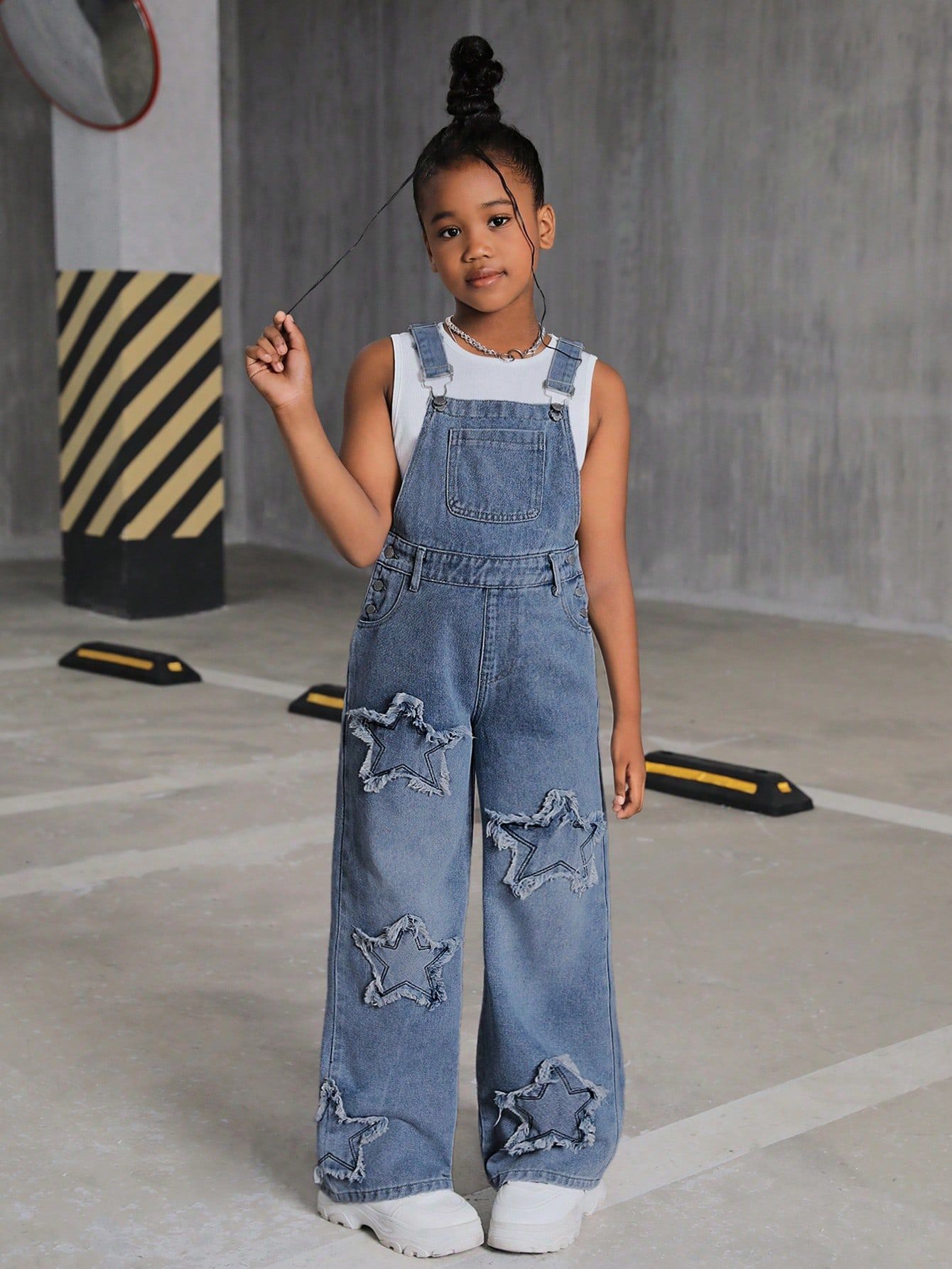 35 Teen Girl's Star-Decorated Wide-Leg Denim Overalls