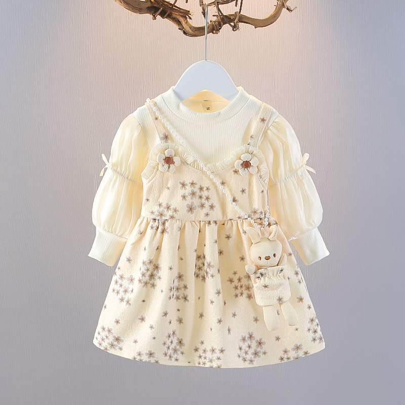 A68 Girls' Dress 2024 Autumn Spring Fashion Floral Fake Two-Piece with Rabbit Toy Trendy