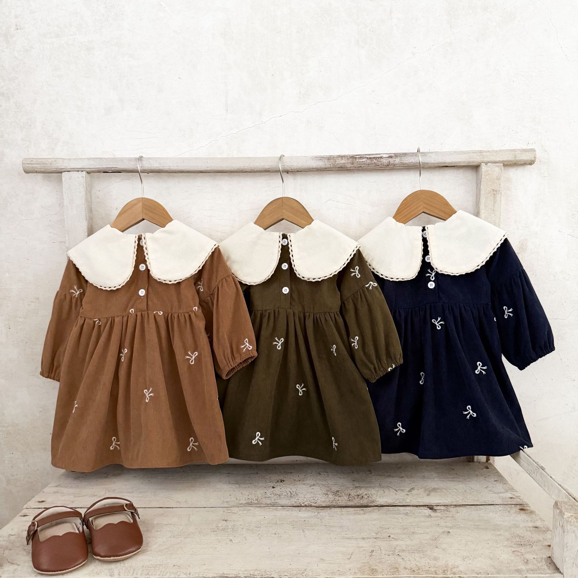 A69 Ins Korean Style Girls' Corduroy Dress Ruffled Bow Embroidery Collar Versatile Casual for Toddlers