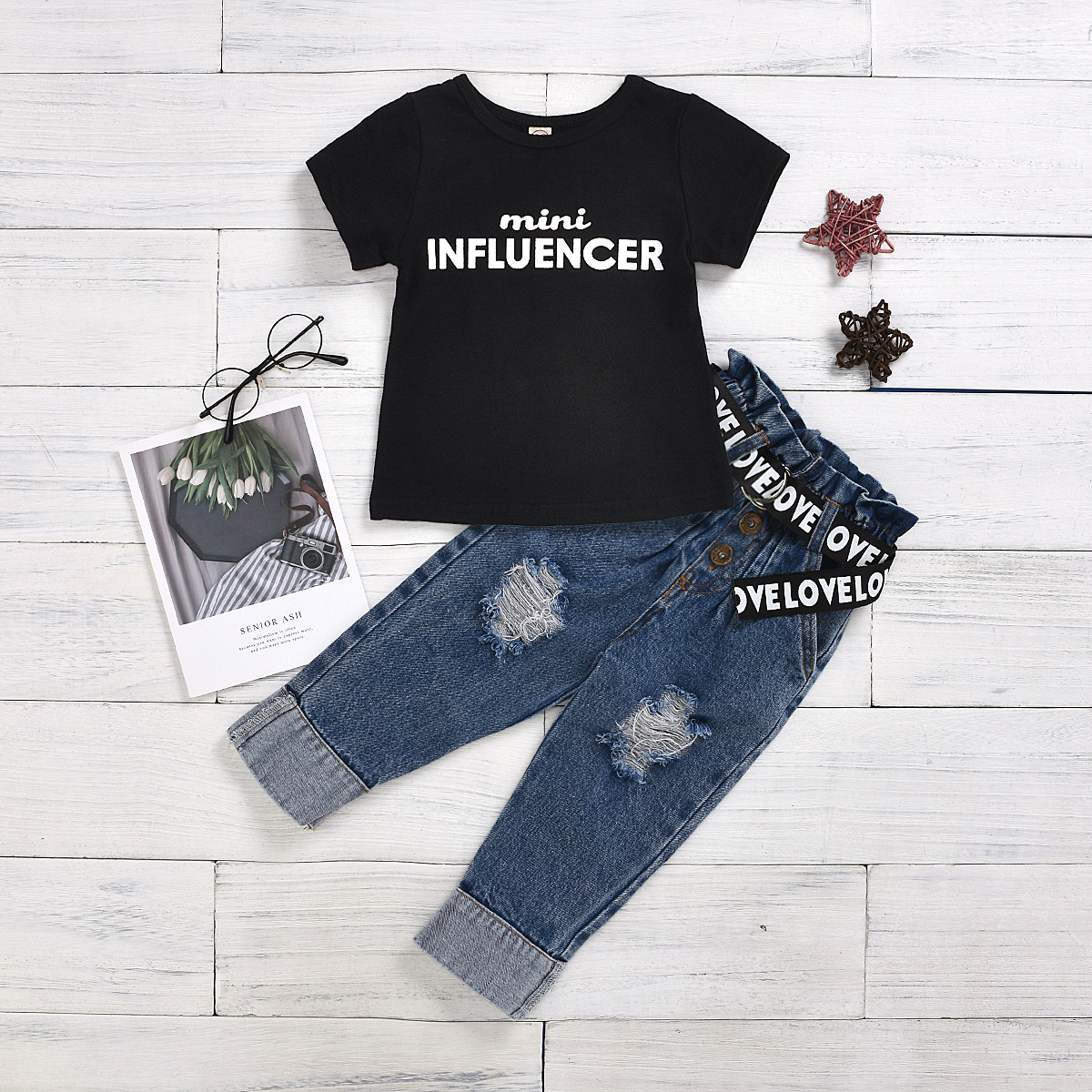 44 New black letter print T-shirt + button-down ripped jeans with belt set