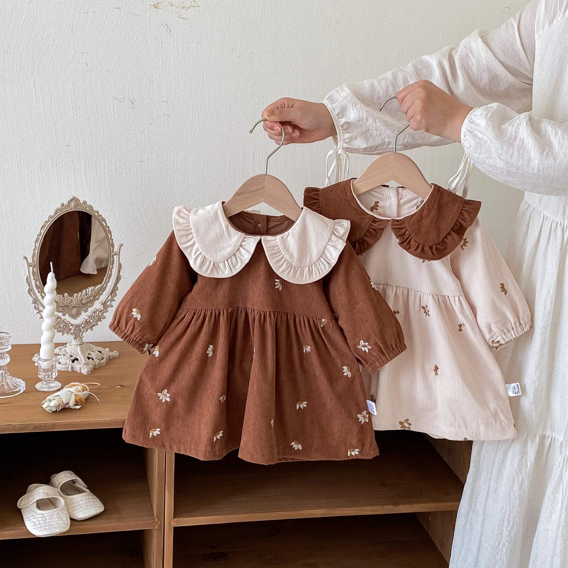 A70 2025 Girls' Ins Korean Style Dress Collared Color Block Floral Embroidery Toddler Spring Autumn New Princess Dress