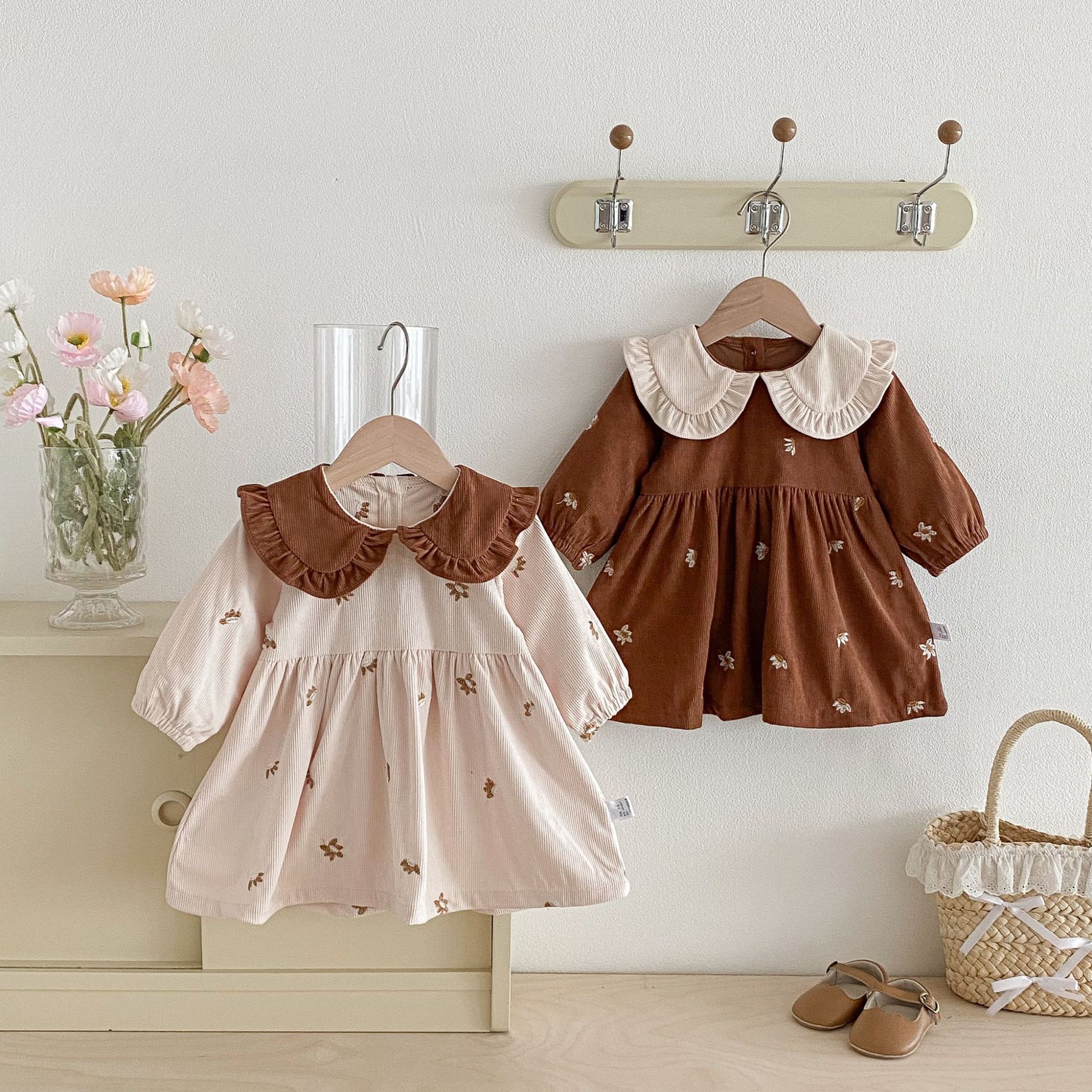 A70 2025 Girls' Ins Korean Style Dress Collared Color Block Floral Embroidery Toddler Spring Autumn New Princess Dress