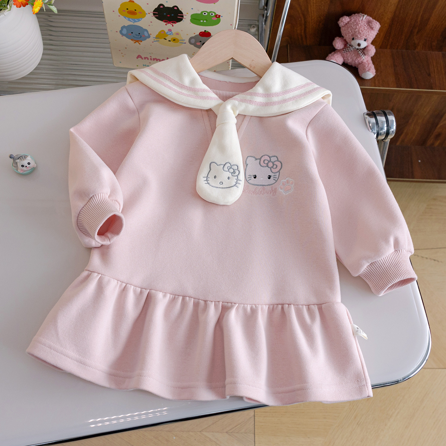 A71 Girls' Cute Dress 2025 Autumn New Style Cartoon Embroidery Princess Dress Toddler Preppy Style Doll Collar Skirt