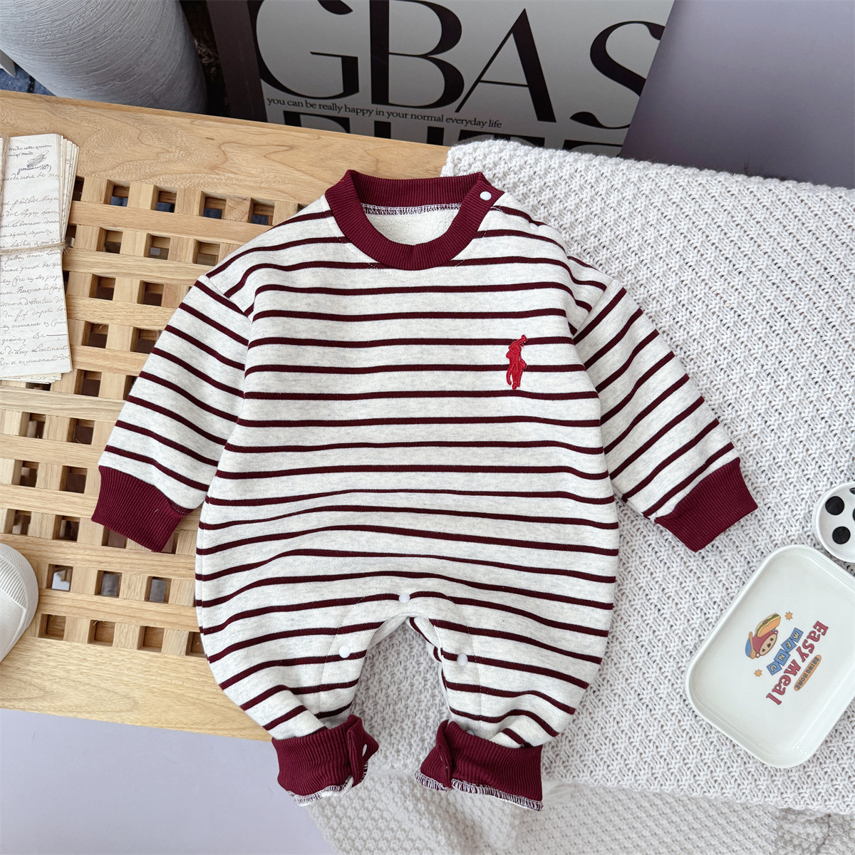 A73 Lebin Home Trendy POLO Yarn-Dyed Stripe Autumn Winter Fleece-Lined Baby Romper Unisex Toddler Onesie Outerwear
