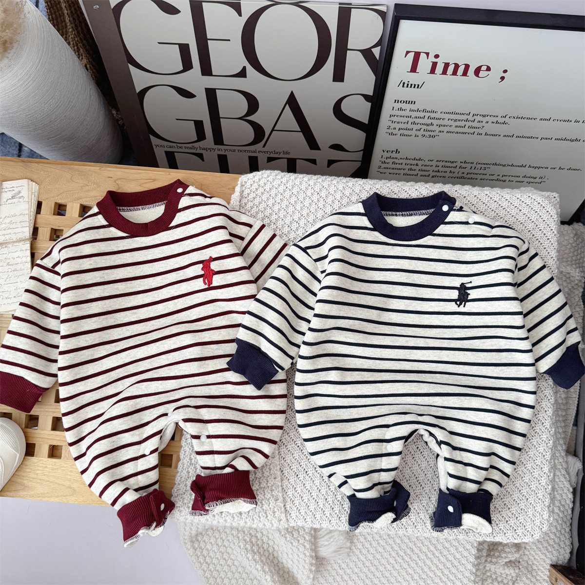 A73 Lebin Home Trendy POLO Yarn-Dyed Stripe Autumn Winter Fleece-Lined Baby Romper Unisex Toddler Onesie Outerwear