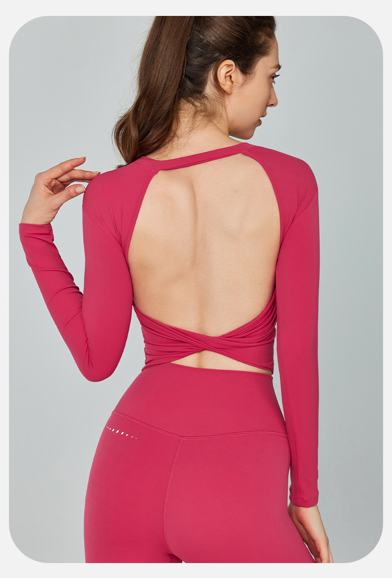 A92 European American Sexy Backless Yoga Top for Women - Long Sleeve Sports Shirt with Built-in Bra, Tummy Control Slimming Fitness Training Wear