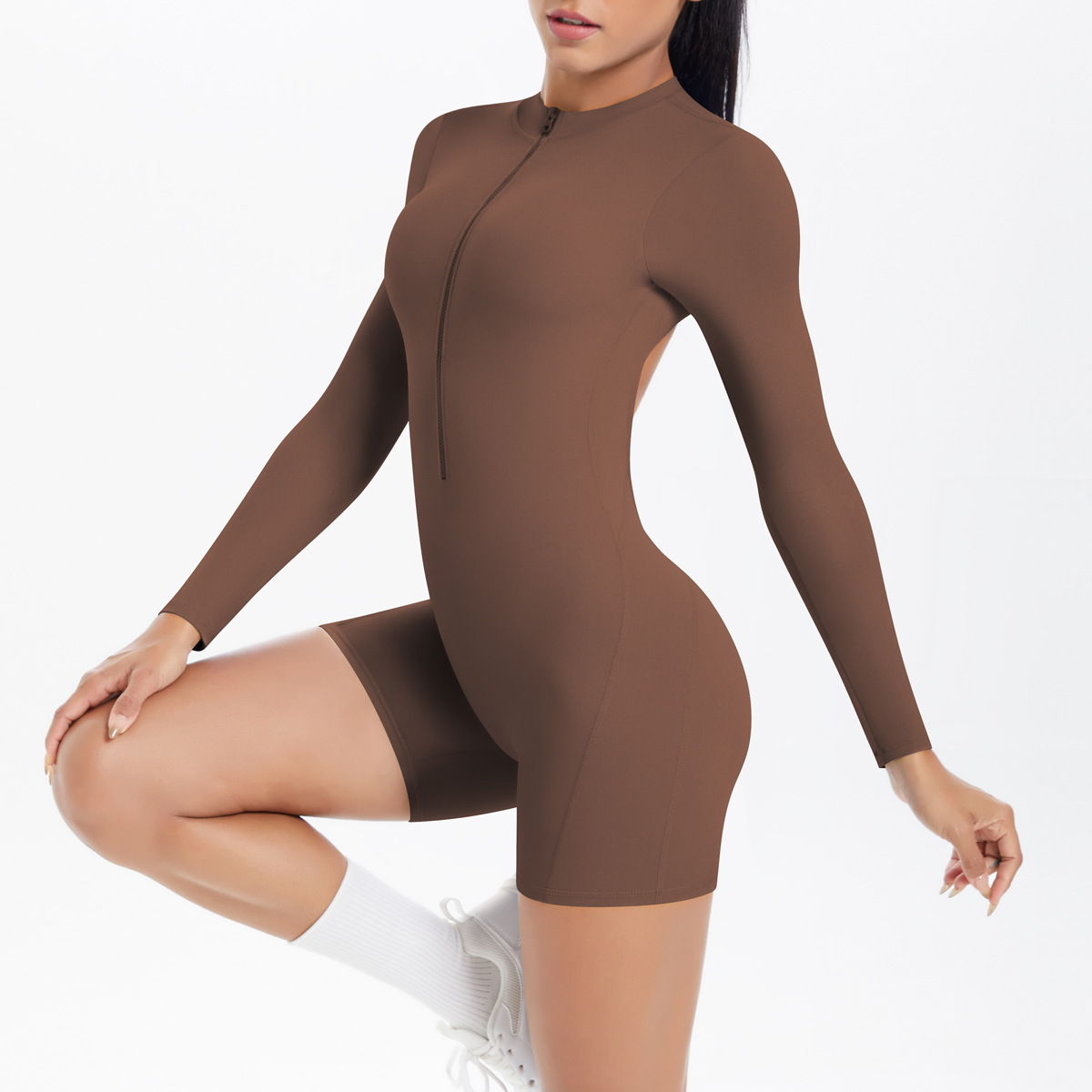 A93 Euro US Style Hollow Out Backless One-Piece Yoga Suit - Half-Zip Peach Hip-Lifting Naked Feeling Quick-Dry Fitness Bodysuit