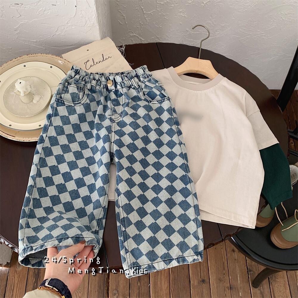 48 2025 New Style Boys' Jeans, Spring and Autumn, Long Pants, Korean Style, Diamond Pattern, Versatile Children's Clothing