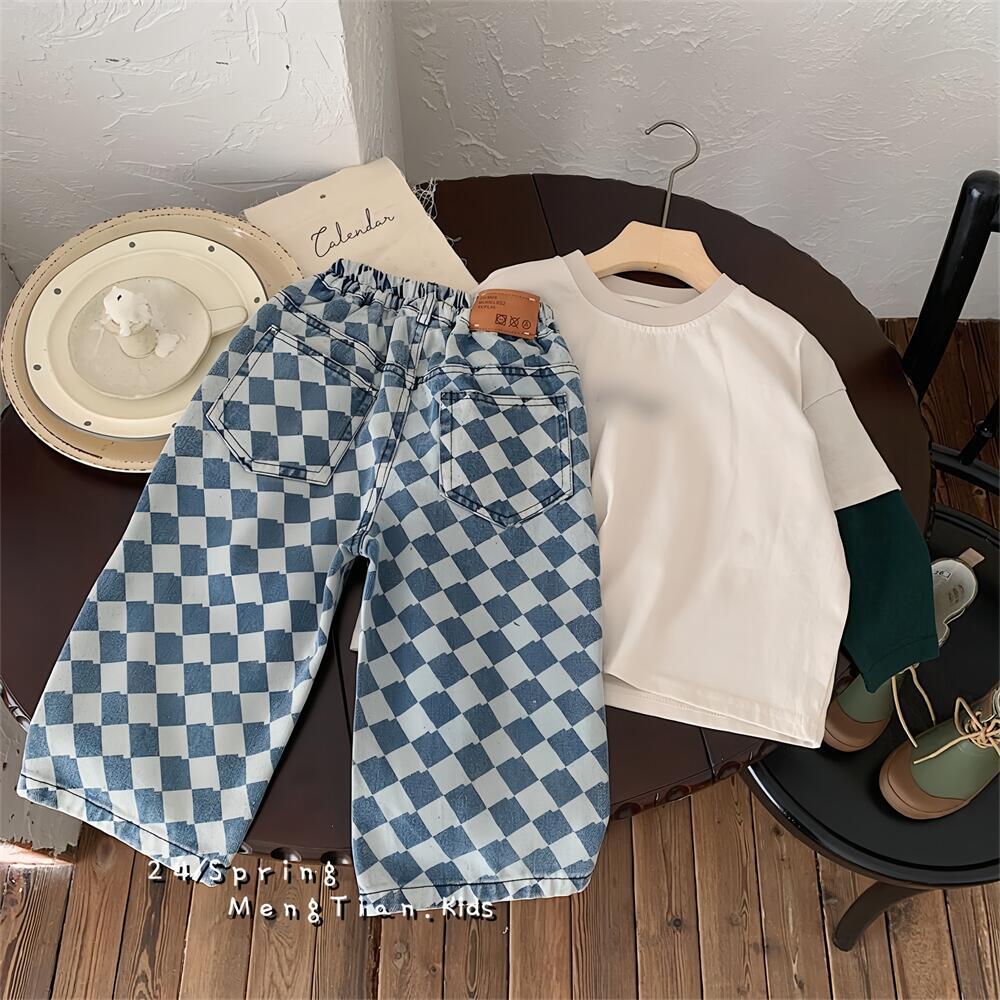 48 2025 New Style Boys' Jeans, Spring and Autumn, Long Pants, Korean Style, Diamond Pattern, Versatile Children's Clothing
