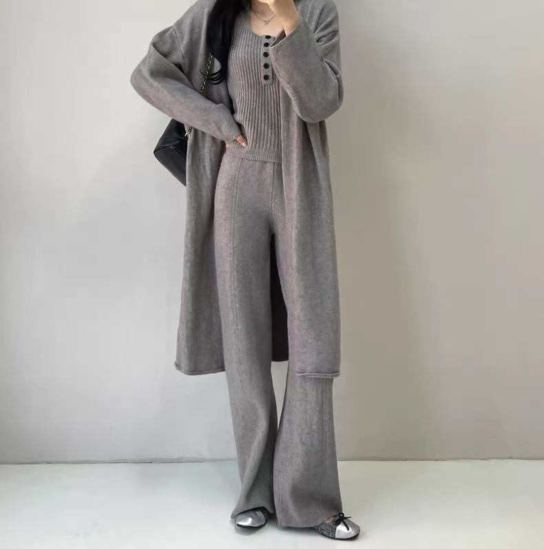 A99 Women's Knitted 3-Piece Set for Autumn & Winter: Long Cardigan + Halter Camisole + Loose Wide-Leg Pants (Cross-Border Export)