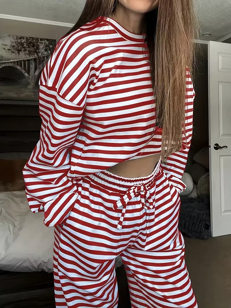 A102 Amazon Women's Fashion Bestseller 2025 Autumn Striped Long-sleeve Top & High-waist Pants Stylish Casual Set
