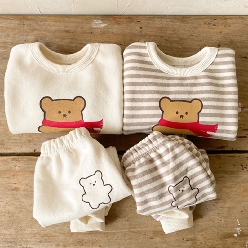 57 Korean style ins-inspired baby and toddler bear spring and autumn set, cute striped cartoon jogger pants two-piece set