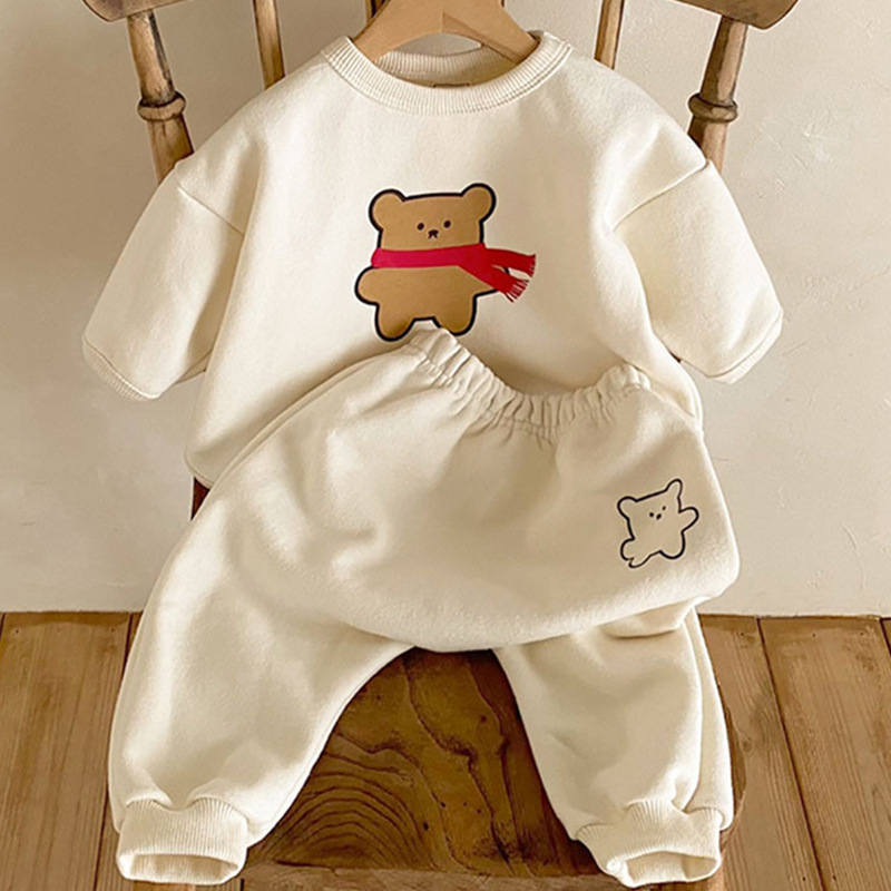 57 Korean style ins-inspired baby and toddler bear spring and autumn set, cute striped cartoon jogger pants two-piece set