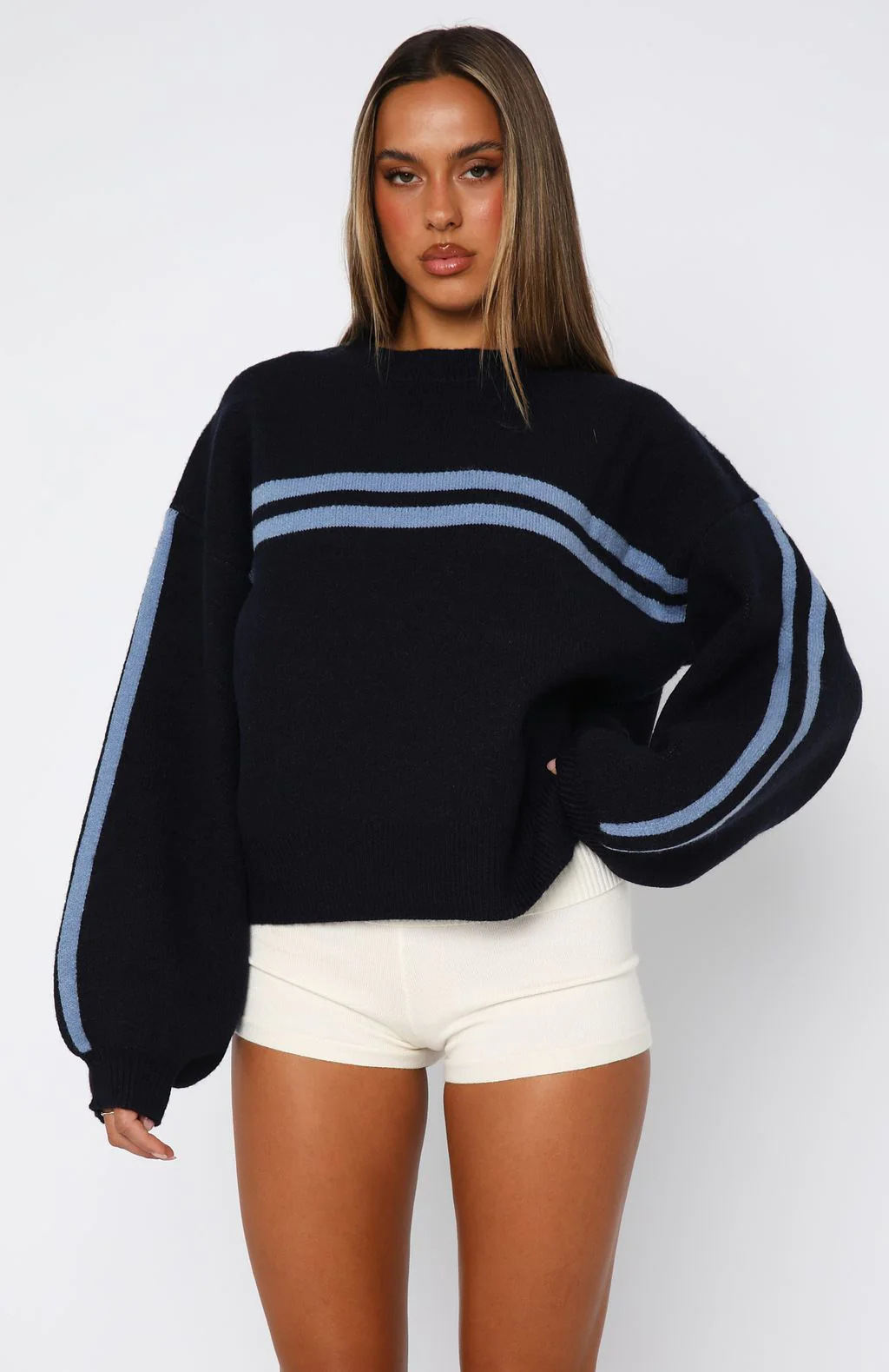 58 Round neck striped knit sweater, new autumn/winter style, loose color-blocked sweater coat