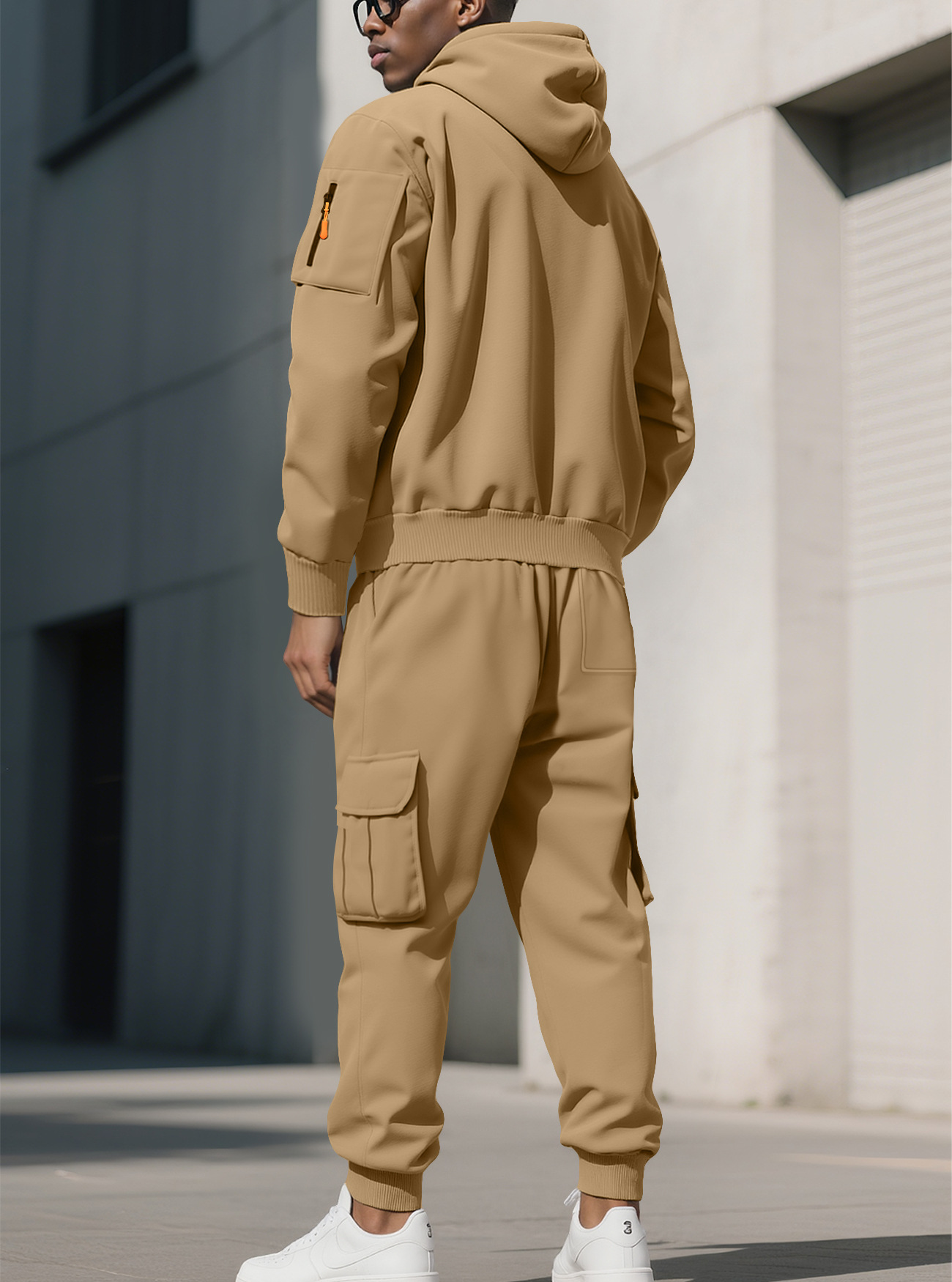 A107 Cross-Border New Autumn & Winter Men's Fleece-Lined Zip Hoodie & Multi-Pocket Trendy Cargo Pants Set