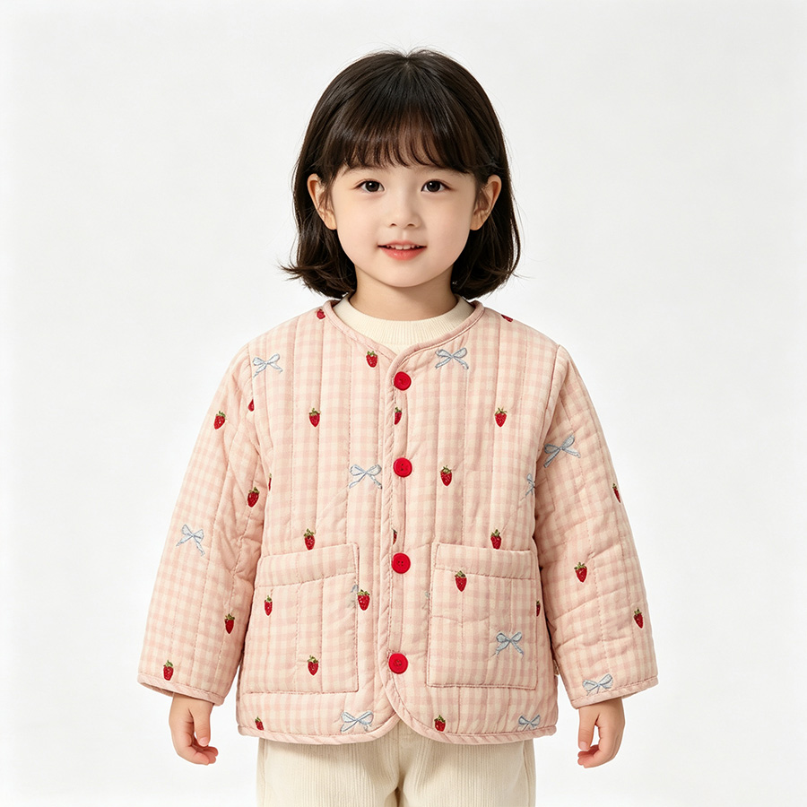 NH1  Autumn/Winter New Style Cute Checkered Strawberry Embroidered Children's Cotton Coat - Thick and Warm, Versatile Outfit for Girls