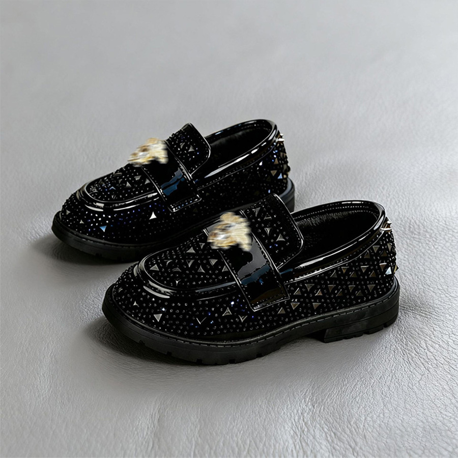 NH2  Black Small Leather Shoes  Fashionable Large Children's Loafers  Korean-style Beaded Sheep Head Children's Shoes
