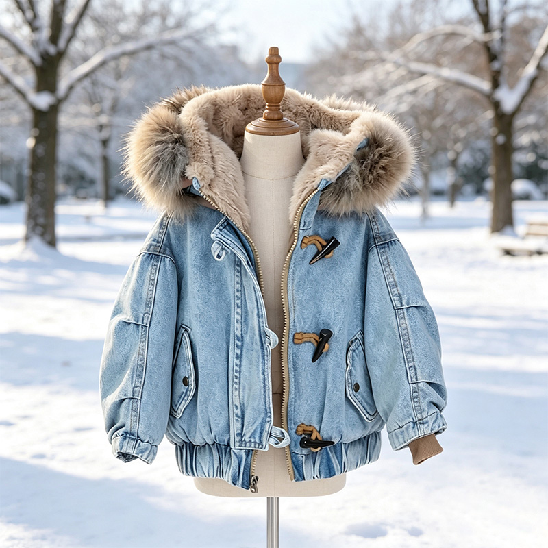NH8   A thick coat for -30 degree temperature. Children's winter clothing with warm denim hooded coat. Suitable for 5-10 years old.