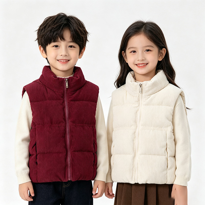 NH11  Children's Jacket - New Fall/Winter Style. Warm outerwear vest. Boys' and girls' plain-colored crew-neck corduroy jackets.