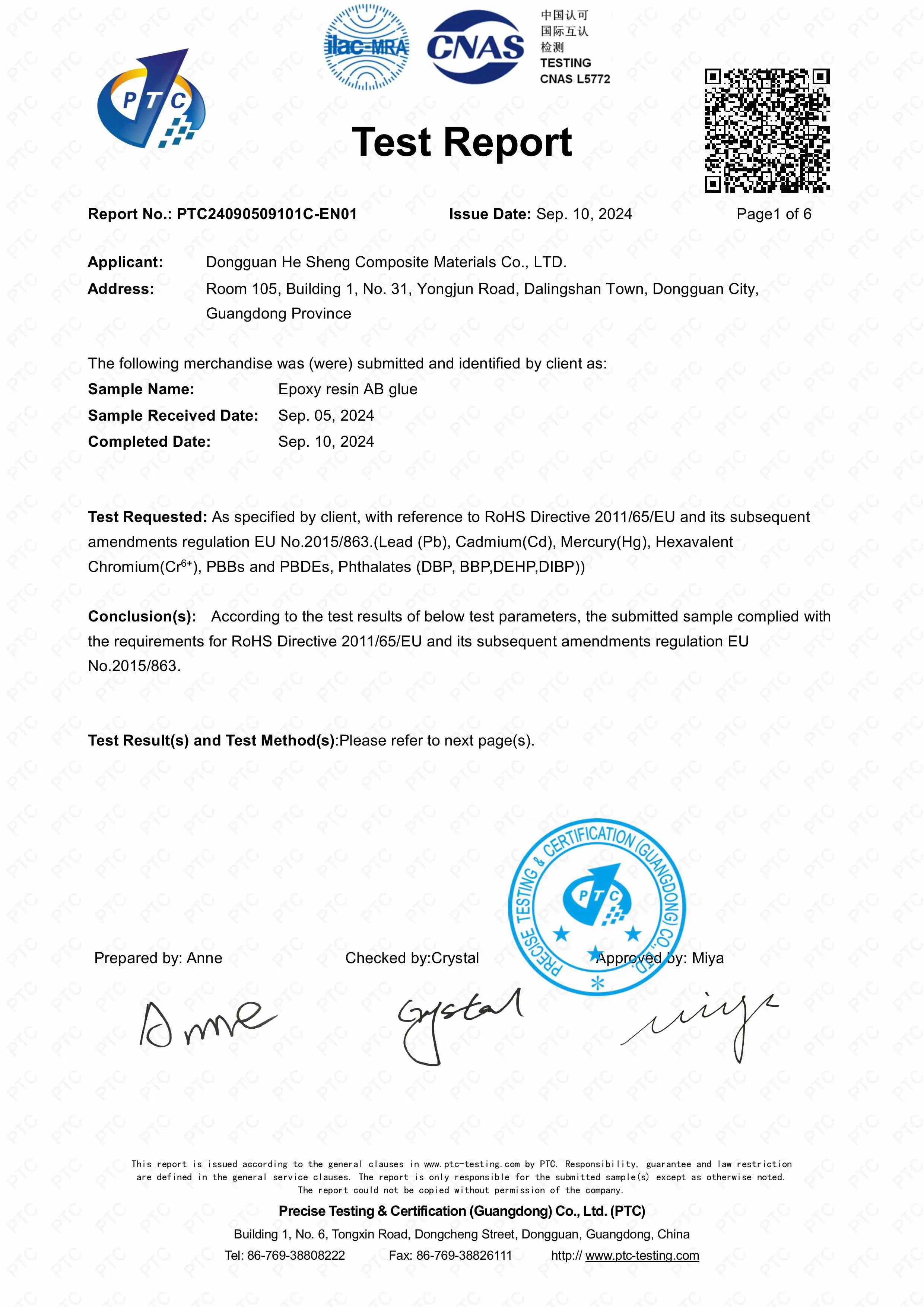 RoHS Raw Material Compliance Certificate
