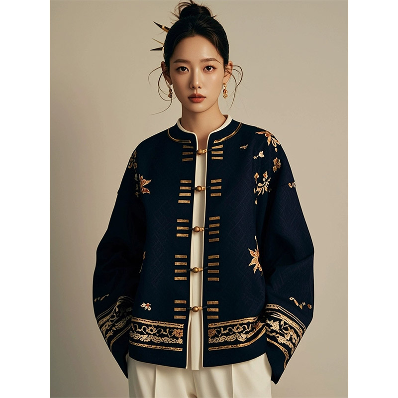 2024 autumn new women's clothing, new Chinese style, Buddhist style, relaxed buckle Tang style, black top jacket for women