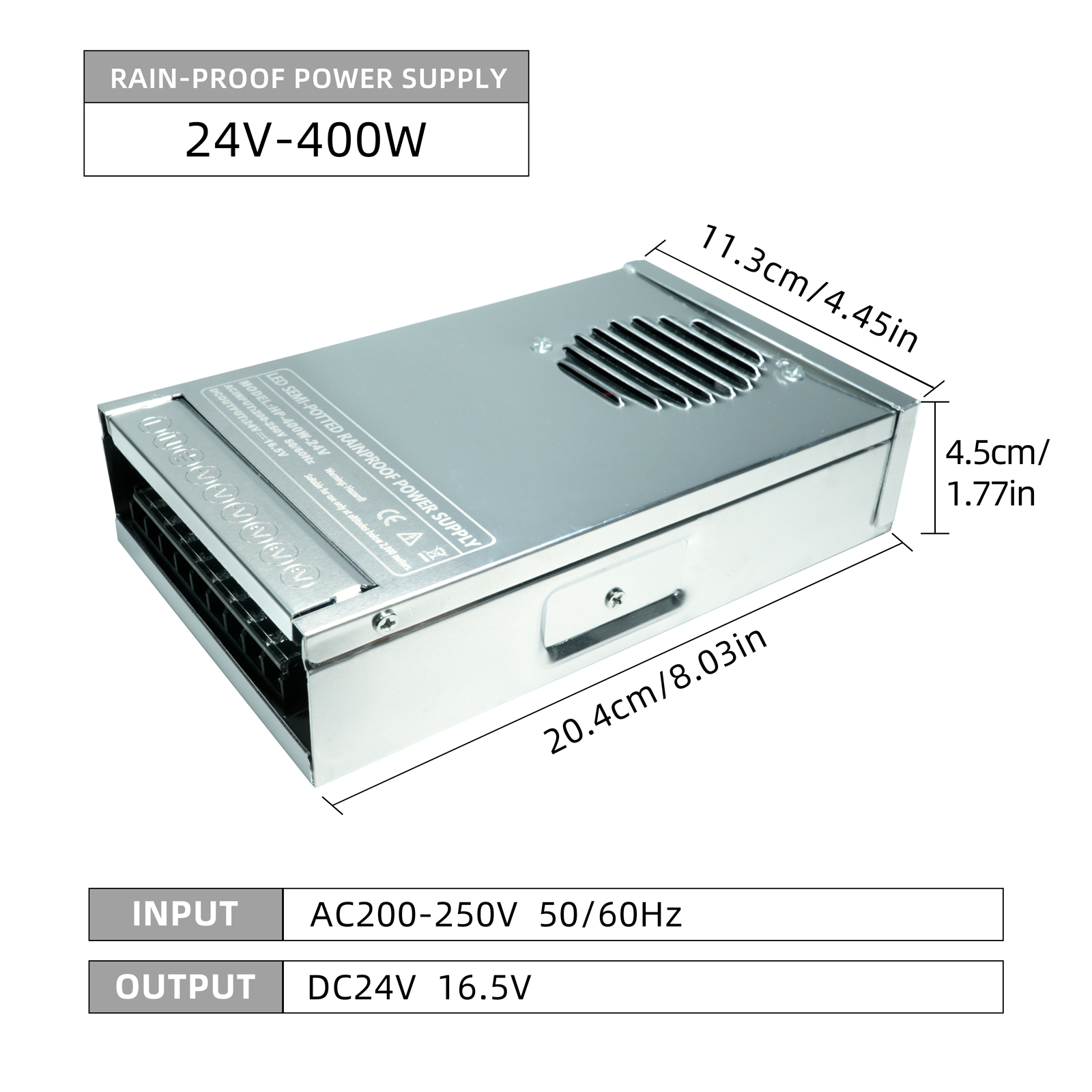 ODIFF Rainproof Switch Power Supply For Led Illuminated Letters, 204mm*113mm*450mm, Light Box, Outdoor Advertising Sign, 24v-400w Transformer Light Strip, Transformer Led Low-Voltage Intelligent Power Supply, Indoor Lighting Controller (Rainproof Power Supply, Semi-Potting Type -400w)