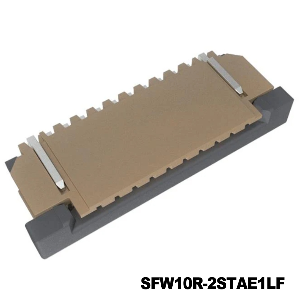 Amphenol FCI SFW10R-2STAE1LF FFC & FPC Connectors 1.00mm Flex Connector, SFW-R series, 10 Position, Top side Contact, Side Entry Surface Mount ZIF Connector, Lead Free, Selective Gold plated Terminals with Tin-plate Solder-tail.