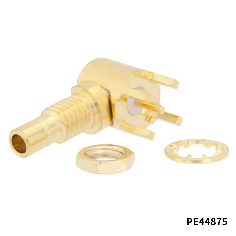 PasternackPE44875RF Connectors / Coaxial Connectors SMB Jack Right Angle Bulkhead Mount Connector Solder Attachment Thru Hole PCB, .177 inch D Hole