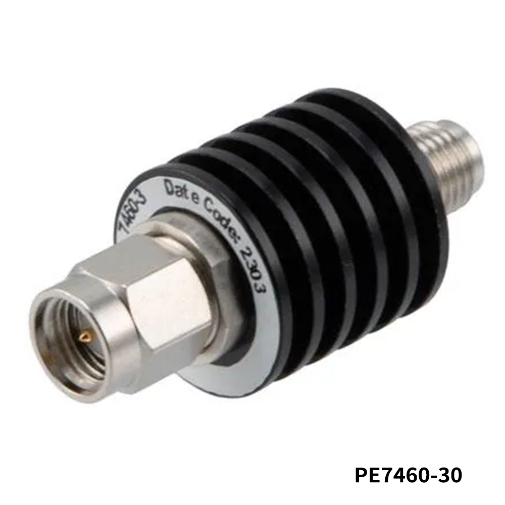 PasternackPE7460-30	Attenuators - Interconnects 30 dB Fixed Attenuator, SMA Male to SMA Female Black Anodized Aluminum Body Rated to 5 Watts Up to 12.4 GHz