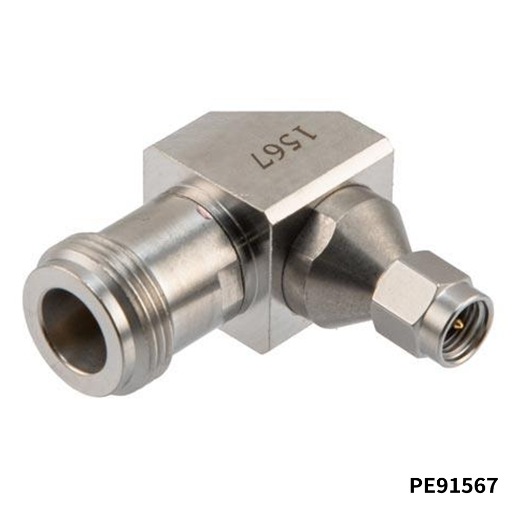 PasternackPE91567RF Adapters - Between Series SMA Male to N Female Miter Right Angle Adapter, DC to 18 GHz