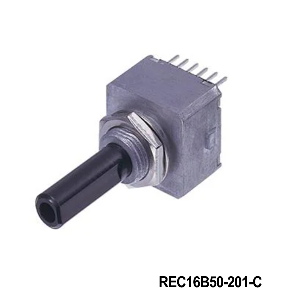 Nidec Components REC16B50-201-C Encoders 50 P/R resolution, manual optical, square wave, 16mm square, pin header, detent feel, snap-in holder