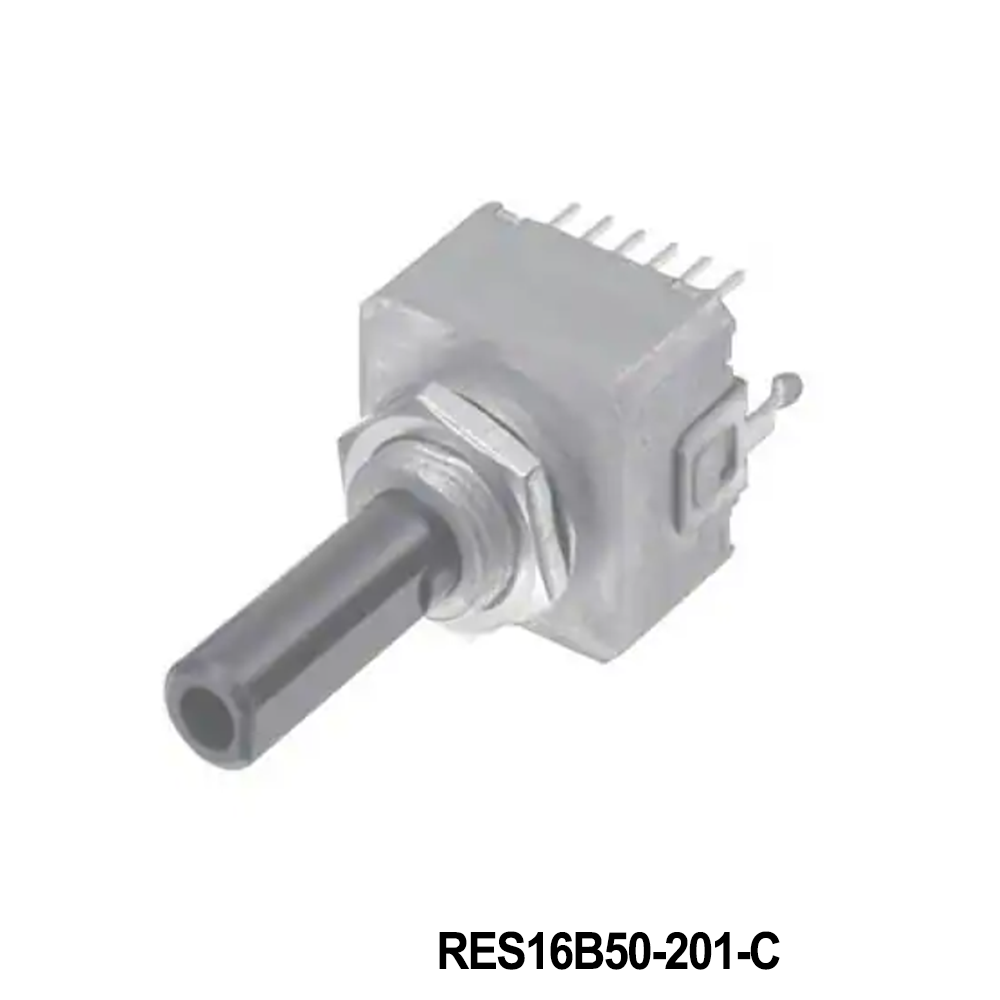 Nidec Components RES16B50-201-C Encoders 50 P/R resolution, manual optical, square wave, 16mm square, pin header, smooth actuation, snap-in holder