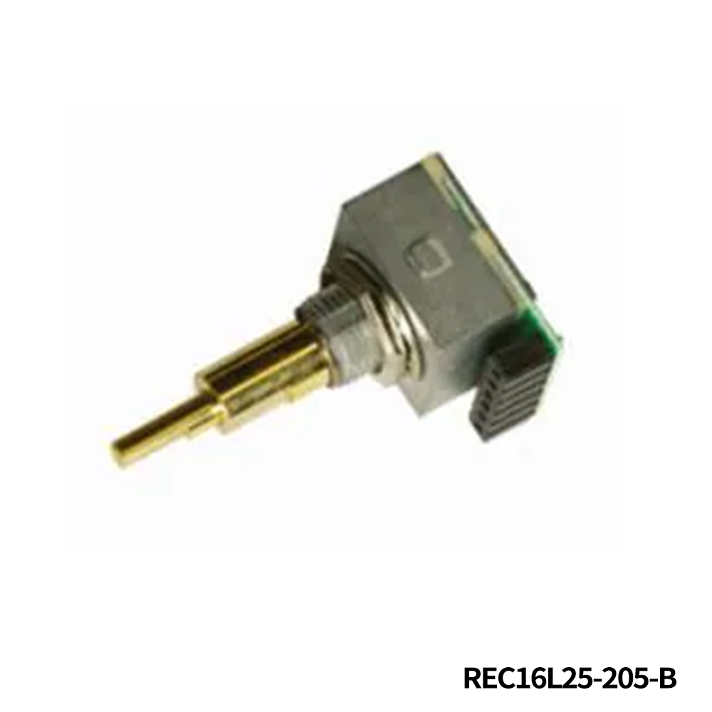 Nidec Components REC16L25-205-B Encoders 25 P/R resolution, manual optical, square wave, 16mm square, socket terminal, detent feel, double shaft with push switch