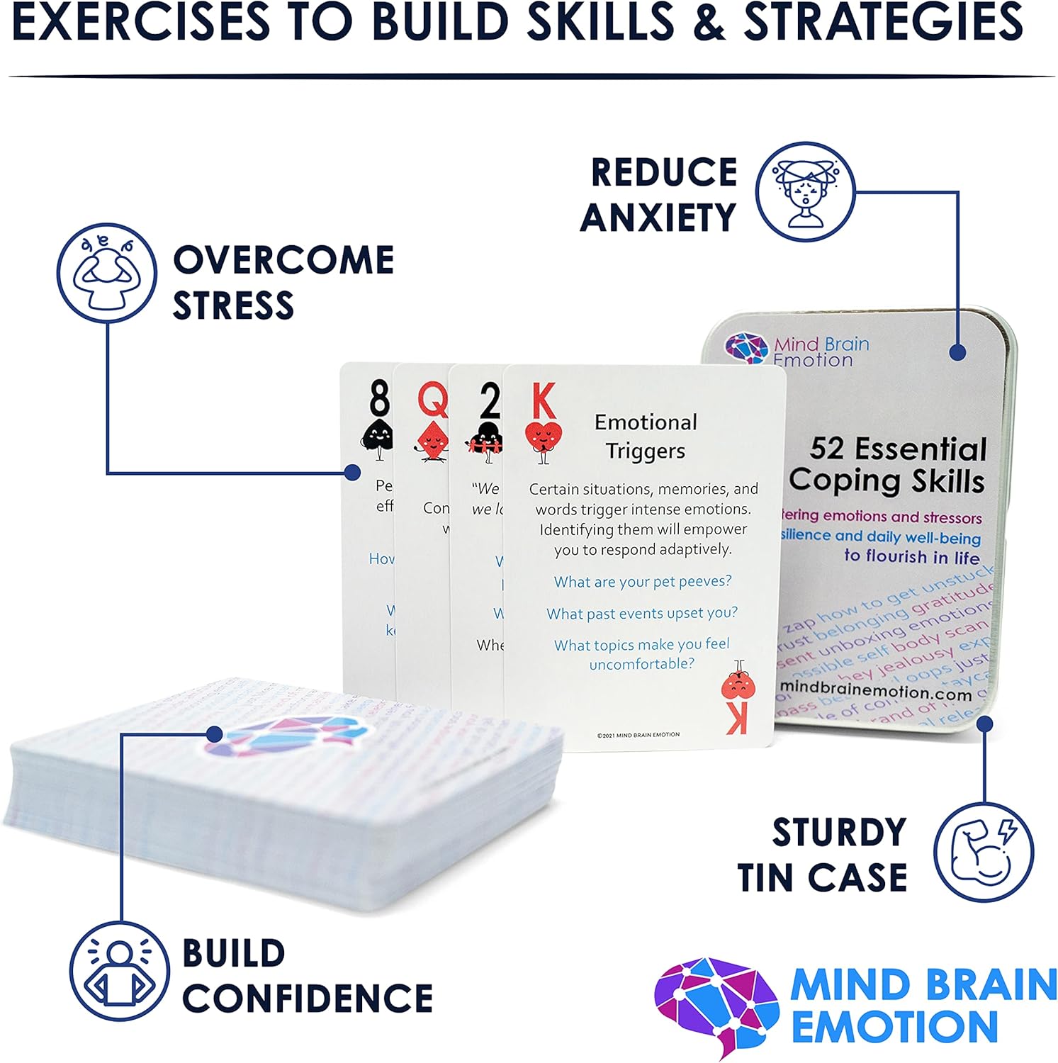 Mind Brain Emotion 52 Essential Coping Skills Cards - Self Care Exercises for Stress and Social Anxiety Relief - Resilience