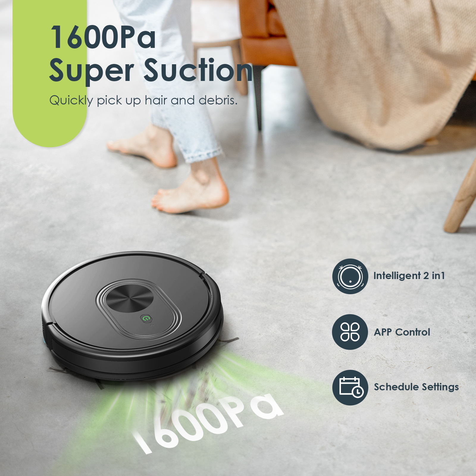 ONSON HR1010 robotic vacuum cleaner 1600Pa3 in 1 Mopping Robotic Vacuum with Schedule, WiFi, 120 Minutes Runtime,Robot Vacuum Cleaner for Carpets, Pet Hair, Hard Floors