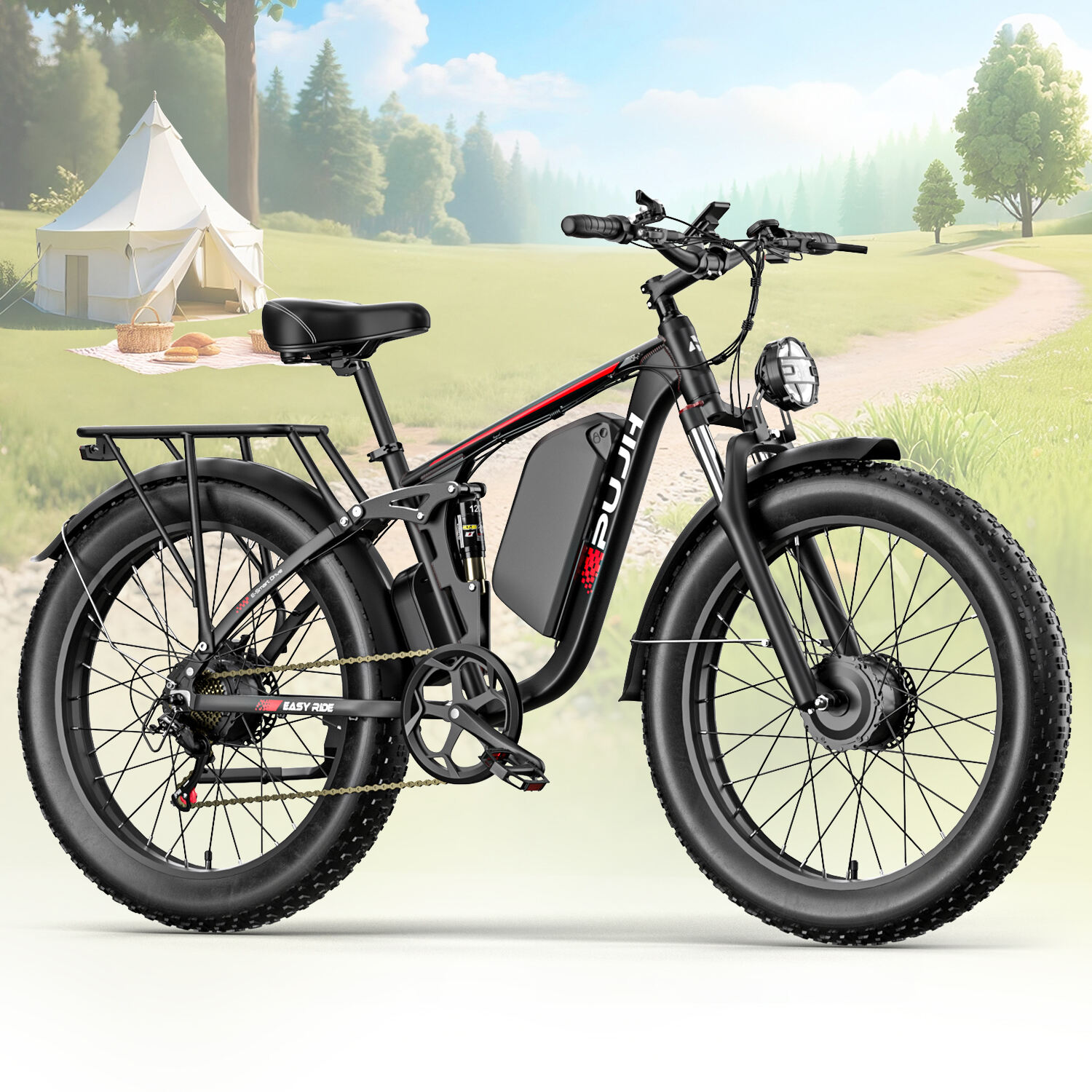 Electric Bike for Adult, 52V 25Ah Peak 3000W Dual Motor 26" Fat Tire Snow Ebike, Max 38mph 45-120Mi Full Suspension Mountain E Bicycle, Hydraulic Brake Electric Moped for Commute PU3 Pro