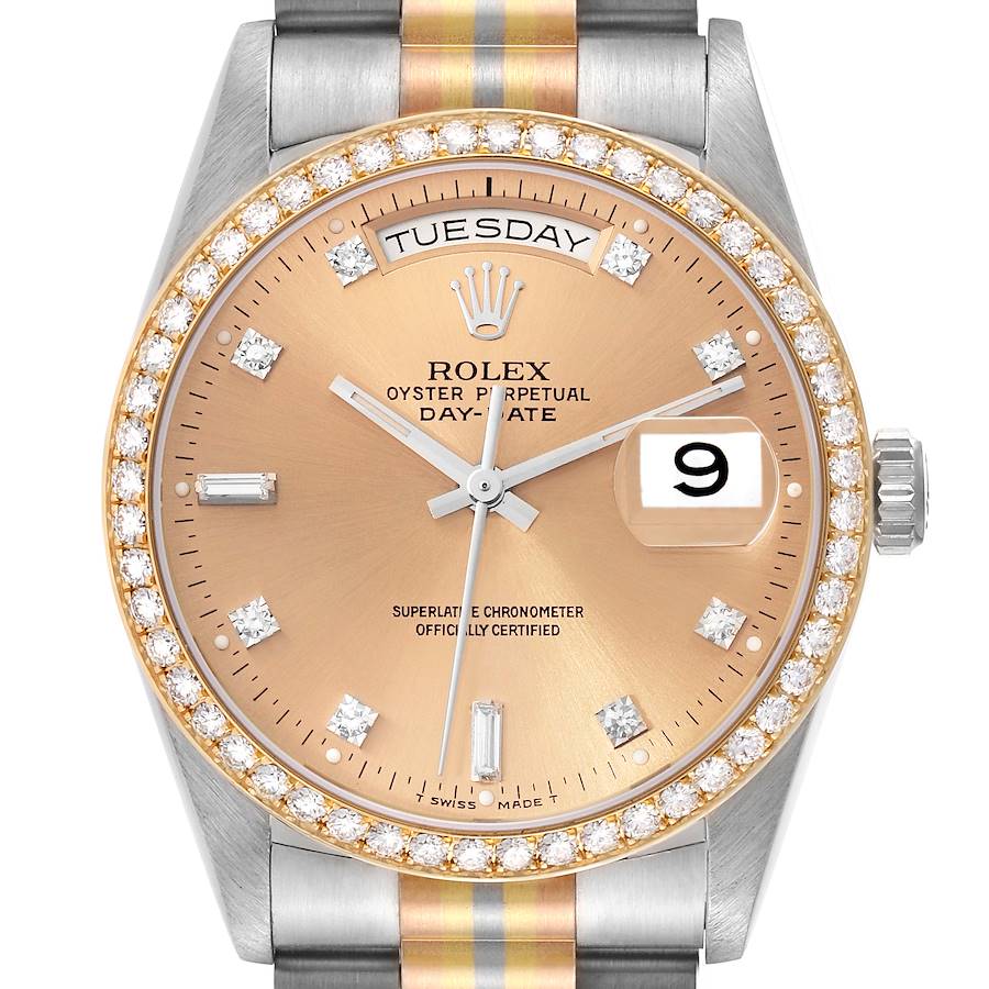 Repliky Rolex President Day-Date Tridor bile zlute a ruzove zlato s diamanty panske hodinky 18349