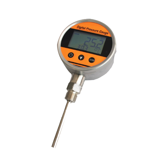 A digital temperature sensor in the form of a pressure gauge, which can be installed upright or on the back, can be powered by batteries or cables, and can freely specify the temperature range.