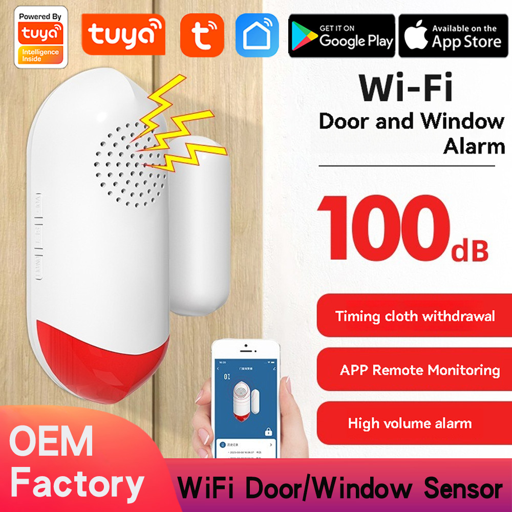 Tuya WiFi Door Window Sensor Alarm with App Alerts, 100 dB Siren,Timed Arming and Disarming, Window Alarm Compatible with Alexa Google Assistant
