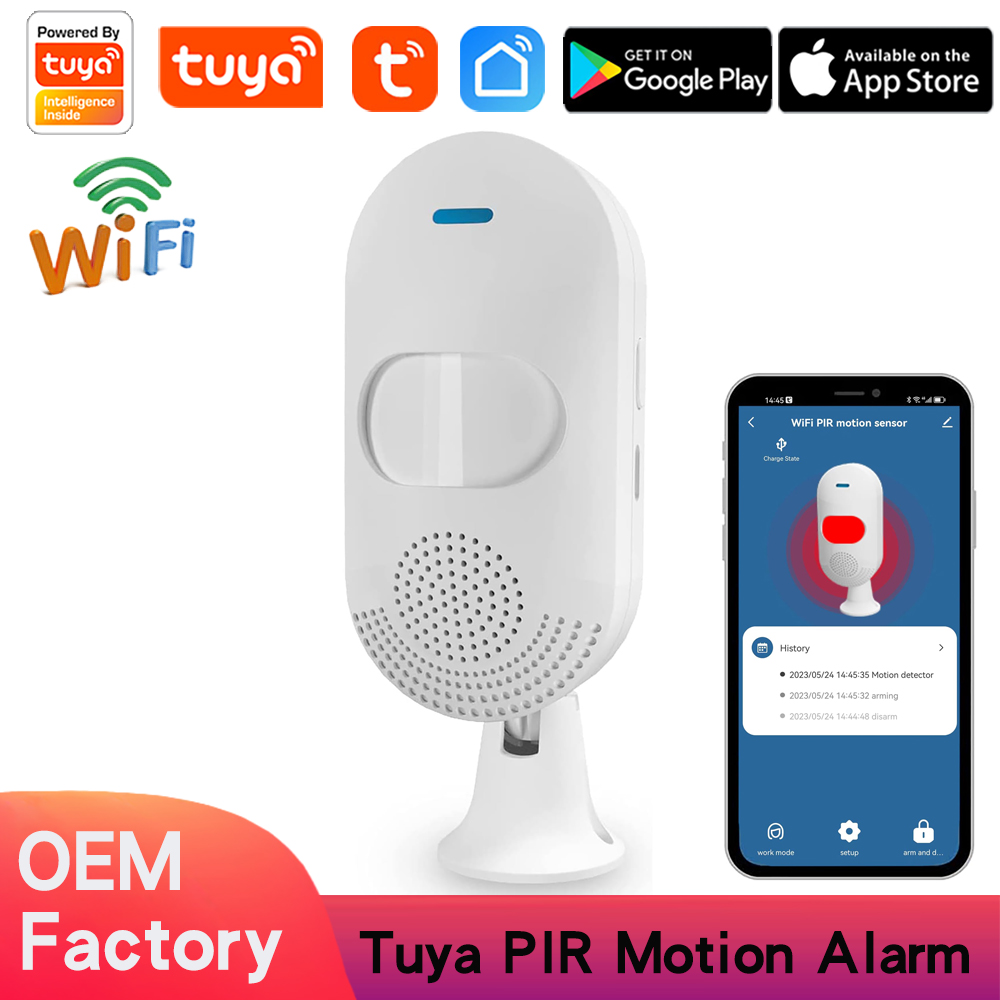 Tuya WiFi Smart PIR Motion Detector Sensor Alarm with 110dB Siren & App Alerts, USB/Battery Powered Movement Detector, Compatible with Alexa Google Home, for Smart Home Automation