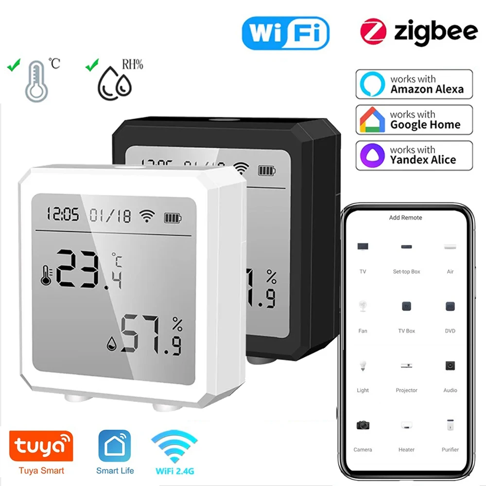 Tuya ZigBee WIFI Smart Home Temperature Humidity Sensor LCD Screen time display Detection Sensor Works With Google Assistant