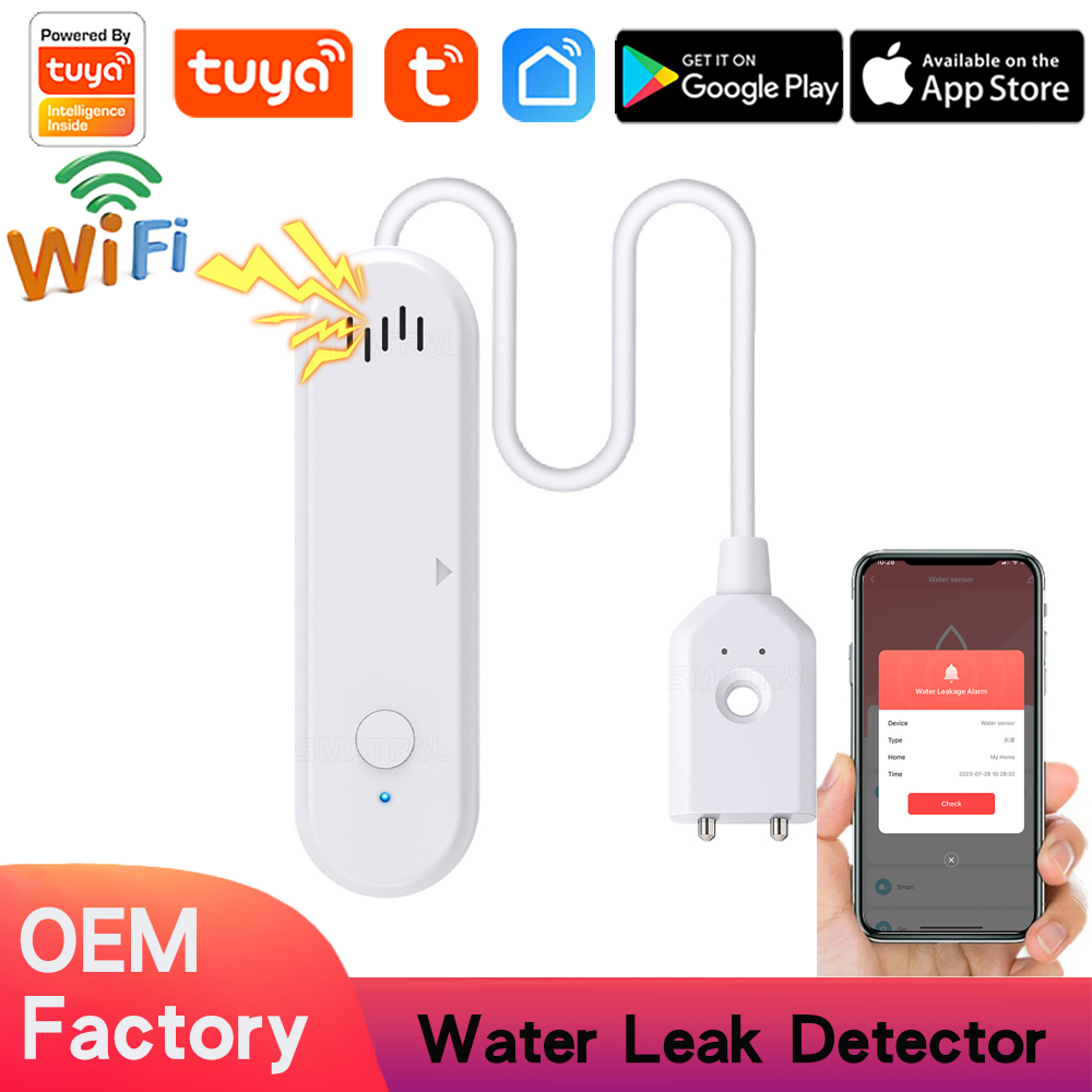 Tuya WiFi Smart Water Alarm Leak Detector with Siren - 80dB Alarm with App Alerts for Monitoring Kitchen, Bathroom, Basement Flood, Battery-Powered WiFi Moisture Sensor Alexa, Google Home Compatible