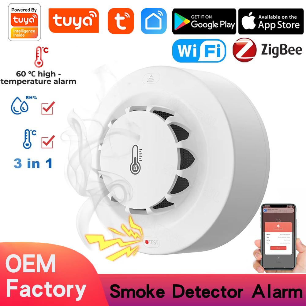 Tuya WiFi Smoke Alarm Temperature And Humidity Detection 3In1 Fire Protection Smoke Detector Sensor Compatible Alexa Google Home