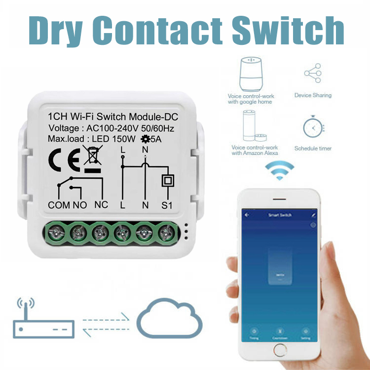 Tuya Smart Dry Contact WiFi Switch Module Smart Home DIY Breaker Relay DC 12/24V AC 100-240V Compatible with Alexa Google Home