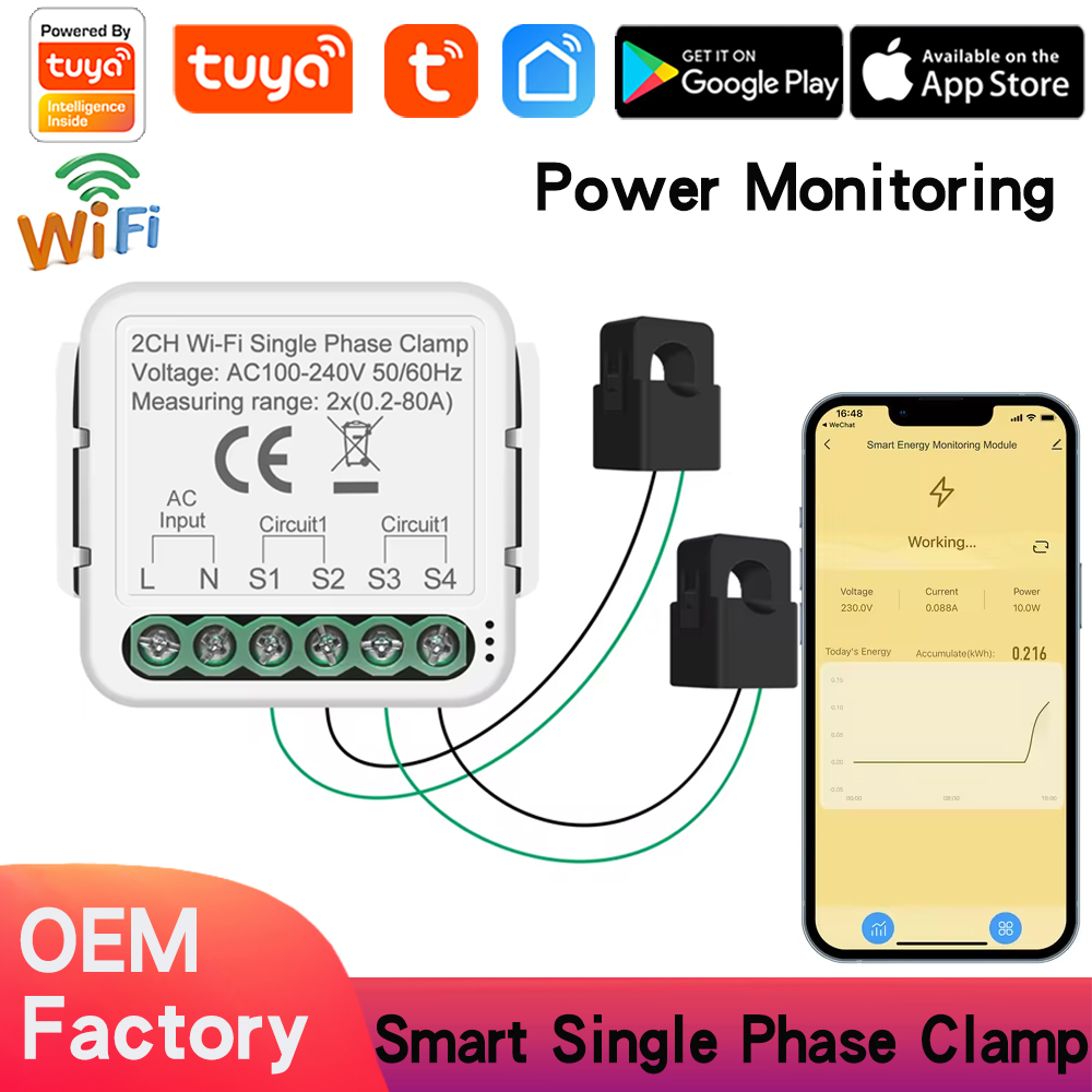 Tuya WiFi Smart Power Meter Smart Energy Monitor with 1/2 Current Transformer Clamp Support Electricity Usage Bidirectional Metering Smart Life APP