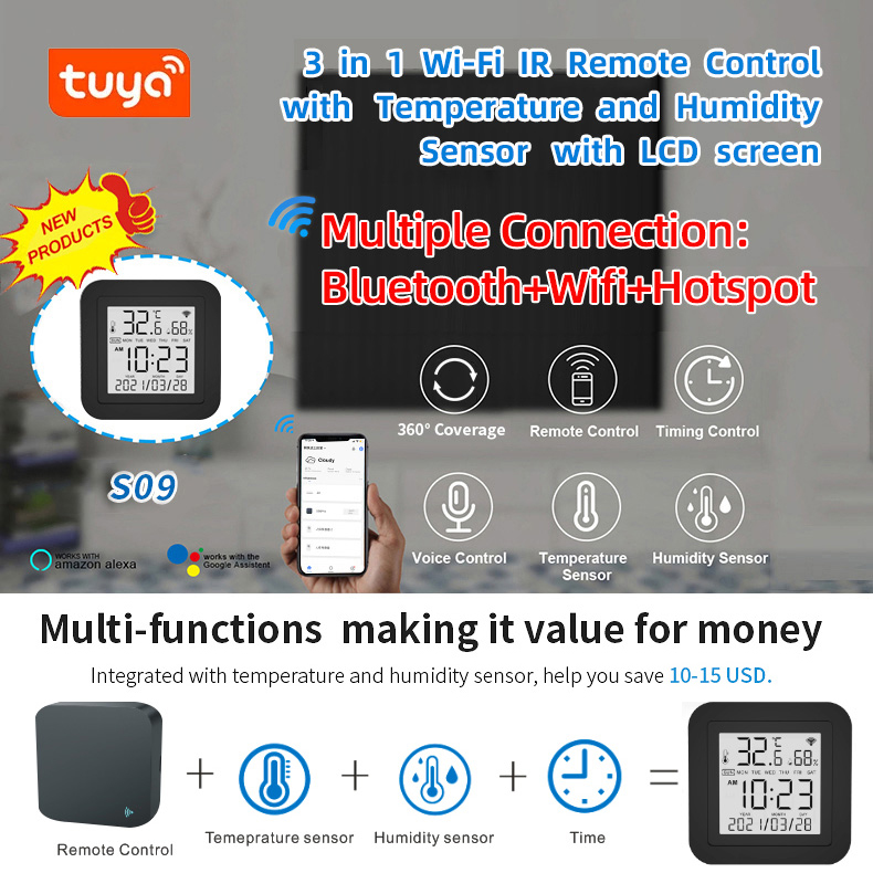 3in1 Tuya WiFi Temperature Humidity Monitor, Wireless Temperature Humidity Sensor with APP Notification Alerts & IR Intelligent Remote Control, Compatible Alexa and Google Home S09