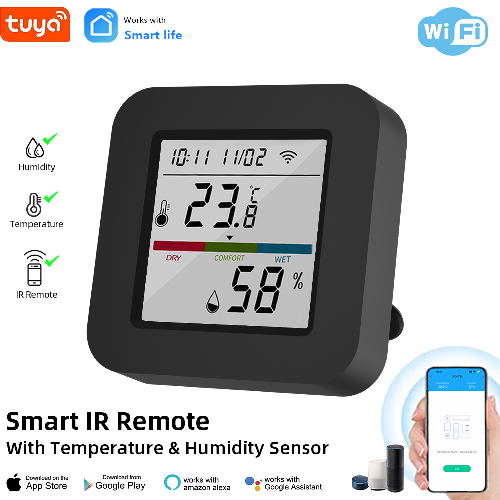 3in1 Tuya WiFi Temperature Humidity Monitor, Wireless Temperature Humidity Sensor with APP Notification Alerts & IR Intelligent Remote Control, Compatible Alexa and Google Home 