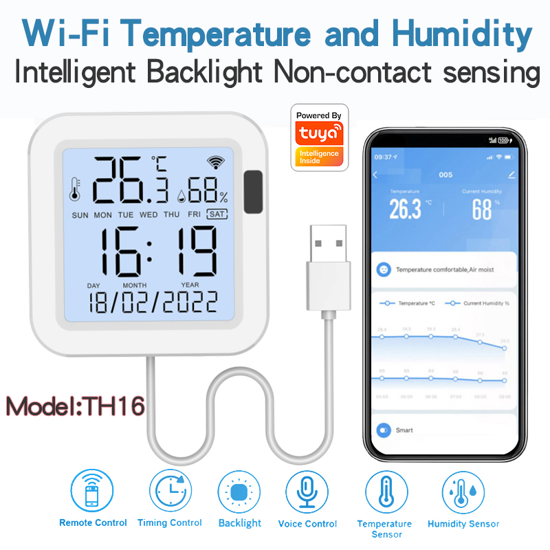 Tuya WiFi Temperature Humidity Sensor for Smart Home Non-contact Backlight Wireless Hygrometer Thermometer APP Remote Control Alexa Google Voice TH16